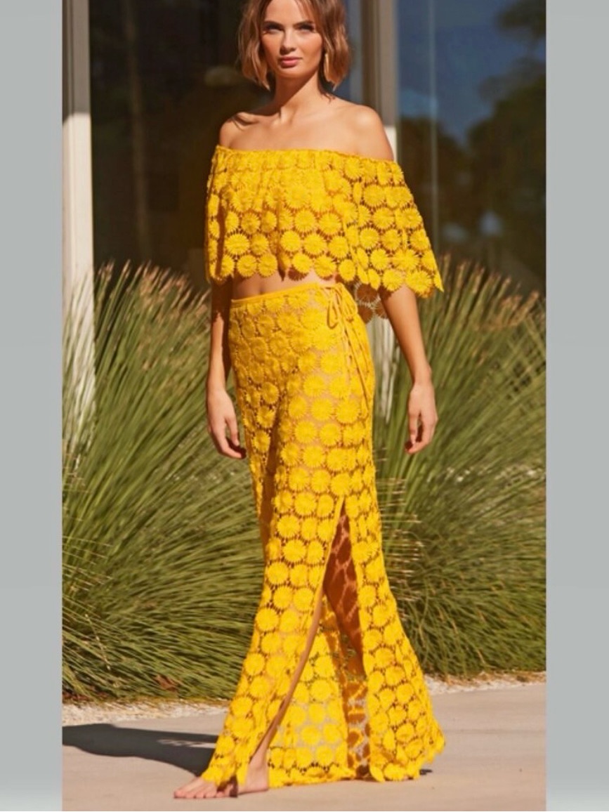 Trina Turk Yellow Bardot Daisy Crochet Lace-Up Maxi Skirt Cover-Up Size Medium